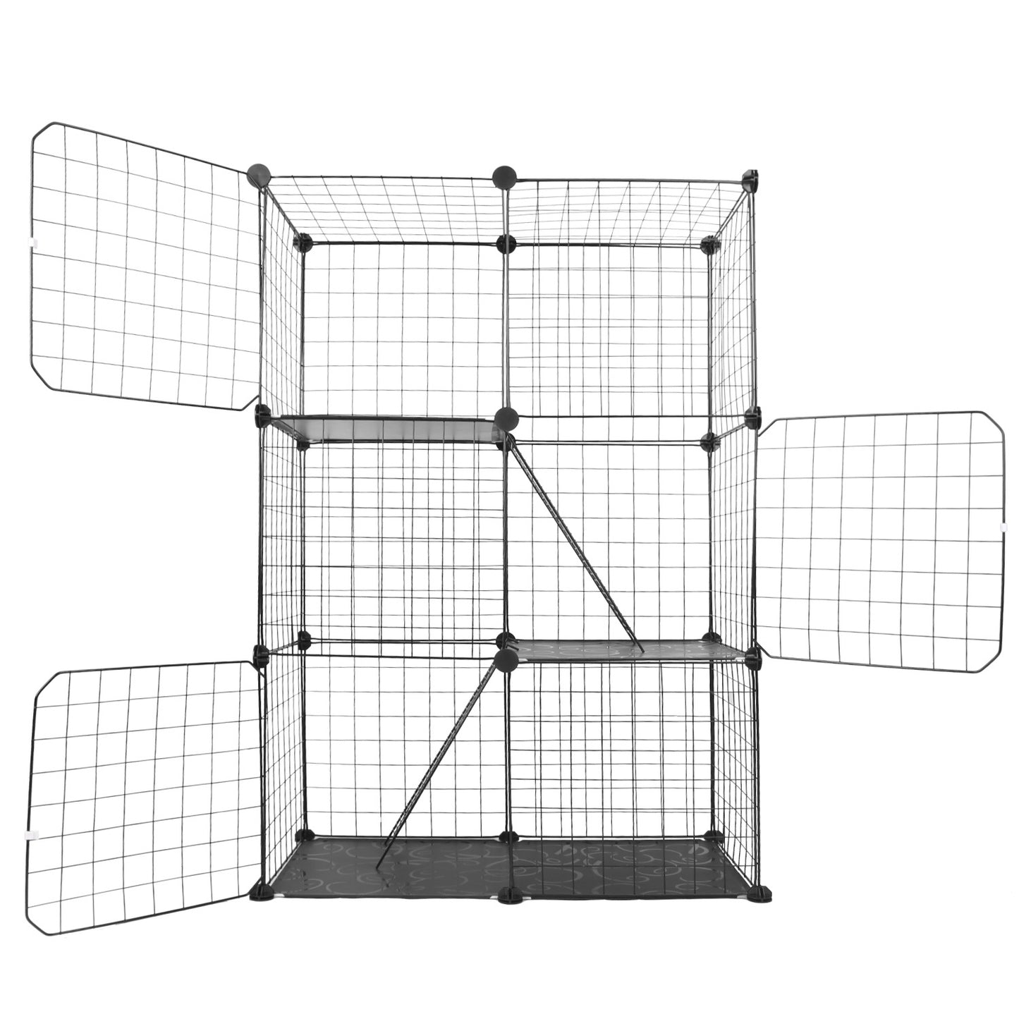 Black wire pet playpen with multiple sections on a white background